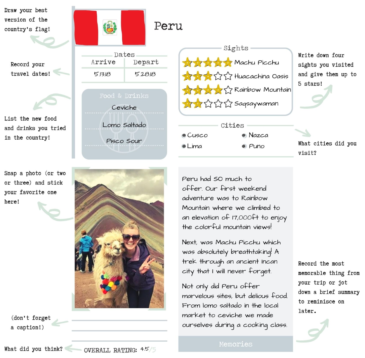 An instruction infographic for a country profile page from The Traveler's Playbook - world travel journal