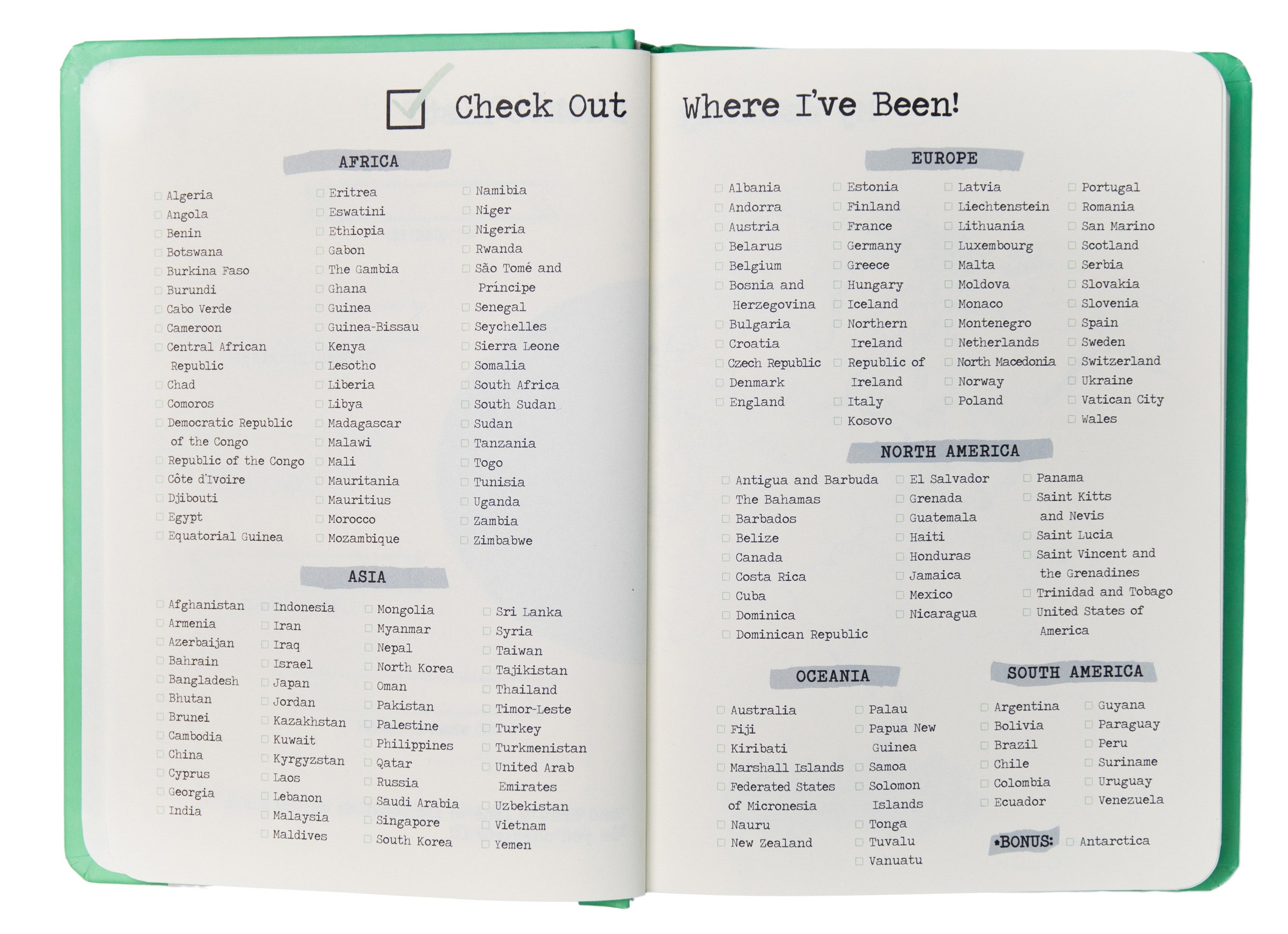 The Traveler's Playbook - world travel journal, Country Checklist Page